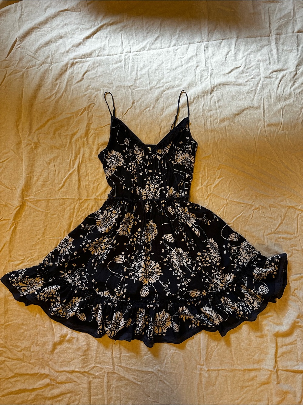Vintage Paper Tag Forever 21 Navy Blue Floral Spaghetti-Strap Ruffle Mini Dress